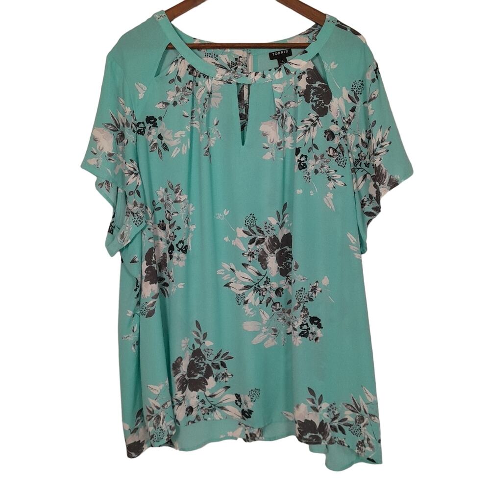 Torrid Blouse Turquoise Floral S/S Women 4 EUC Lightweight Feminine Boho Western